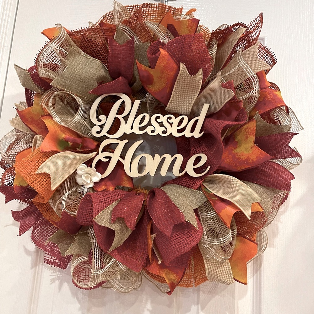 BLESSED HOME WREATH 18” VERY FULL wreath in oranges, reds, rusts CUSTOMIZABLE!